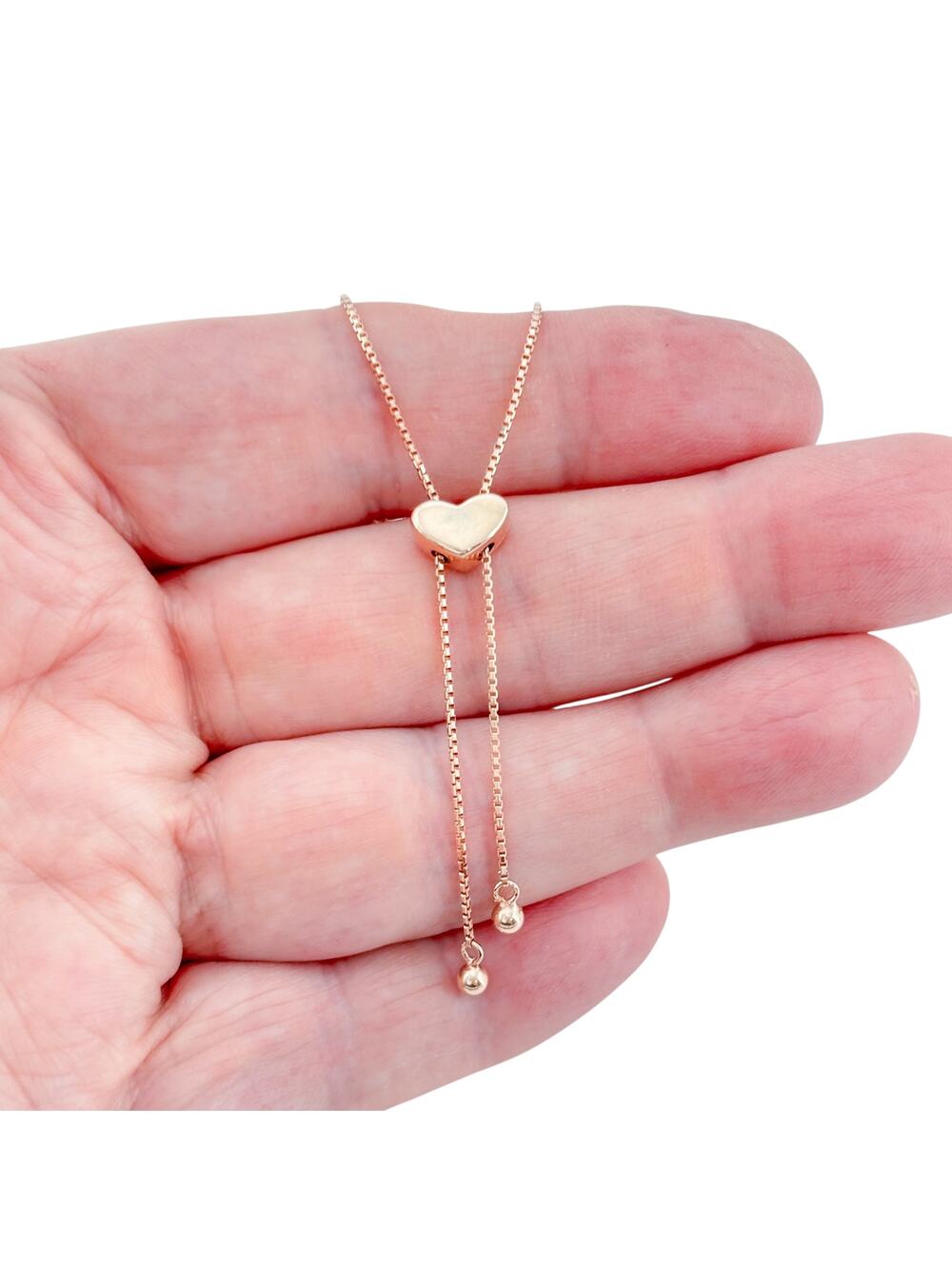 Vintage Sterling Silver 925 Rose Gold-Tone Heart Lariat Necklace up to 23"